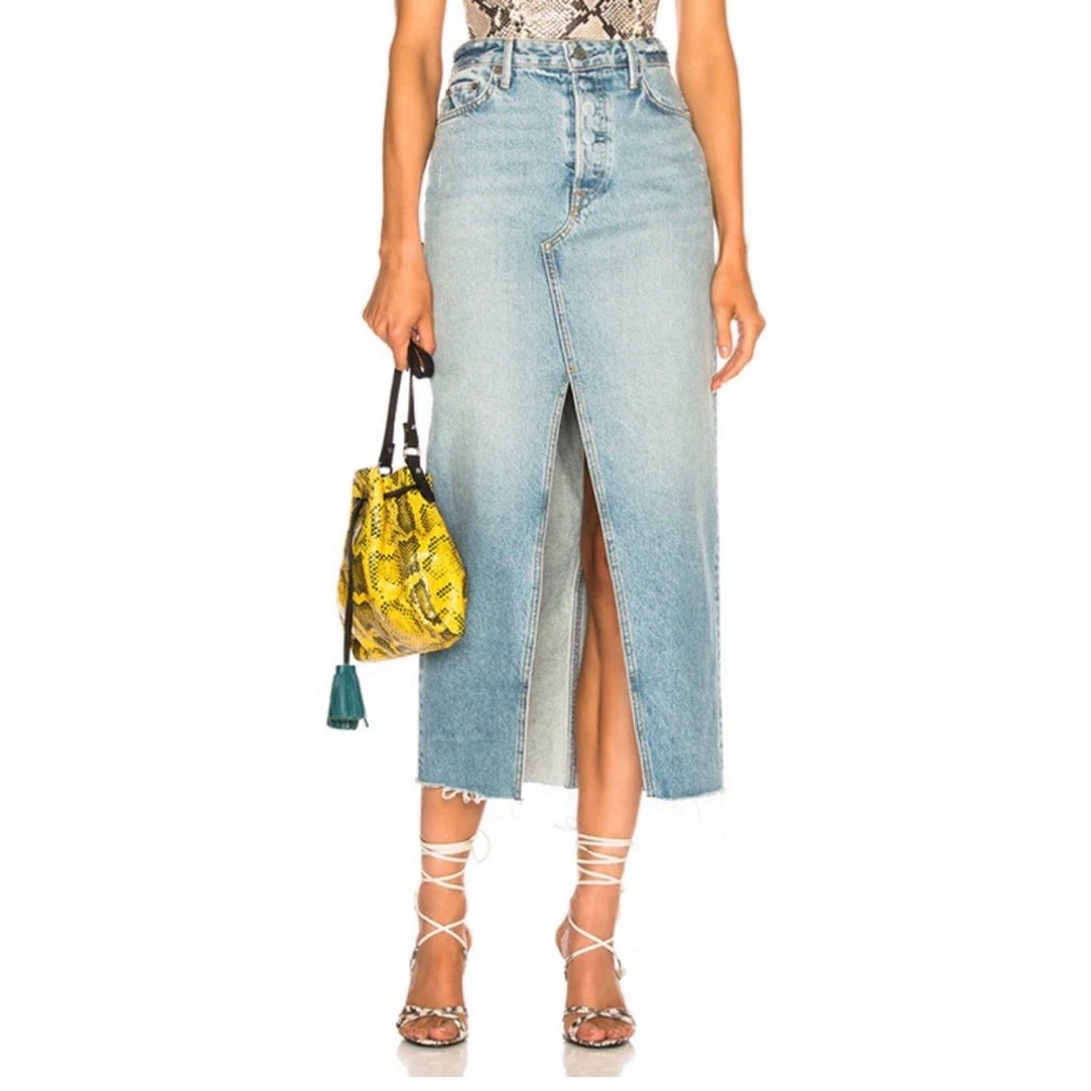 GRLFRND Light Wash Isla High Rise Midi Front Slit Skirt In Color Gwen Size 26